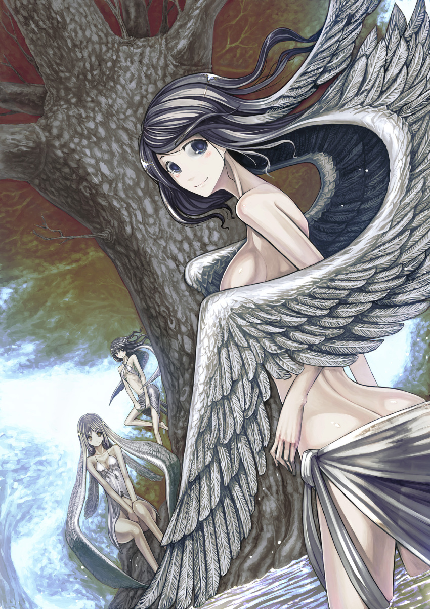 3girls bad_id bad_pixiv_id black_hair blue_eyes brown_eyes dress hair_wings highres long_hair looking_back monster_girl multiple_girls original silver_hair smile tefec tree water wings