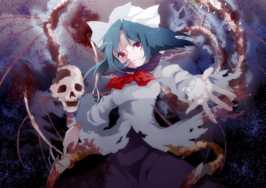 blood blood_on_clothes blush breasts capelet commentary_request demon_wings female green_hair hat highly_responsive_to_prayers katayama_kei long_hair medium_breasts mima_(touhou) ribbon skeleton skirt skull smile solo torn_clothes touhou touhou_(pc-98) wings