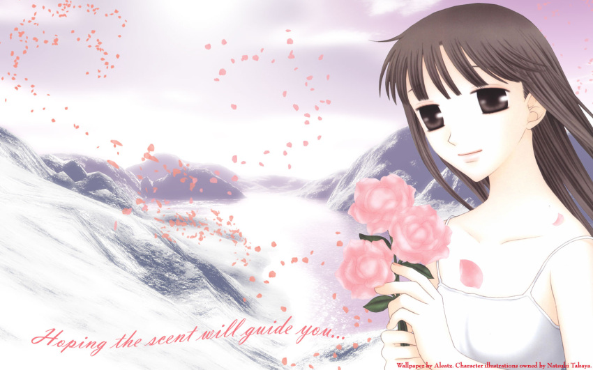 1680x1050 brown_eyes brown_hair female flower fruits_basket highres honda_tohru honda_tooru landscape petals rose smile wallpaper