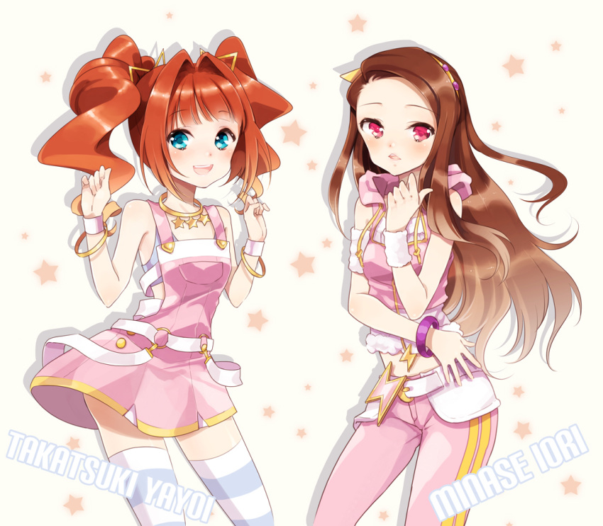 2girls anz_(starry) bad_id bad_pixiv_id blue_eyes blush brown_eyes brown_hair hairband idol idolmaster idolmaster_(classic) long_hair minase_iori multiple_girls open_mouth orange_hair photoshop_(medium) red_eyes short_hair smile takatsuki_yayoi thighhighs twintails