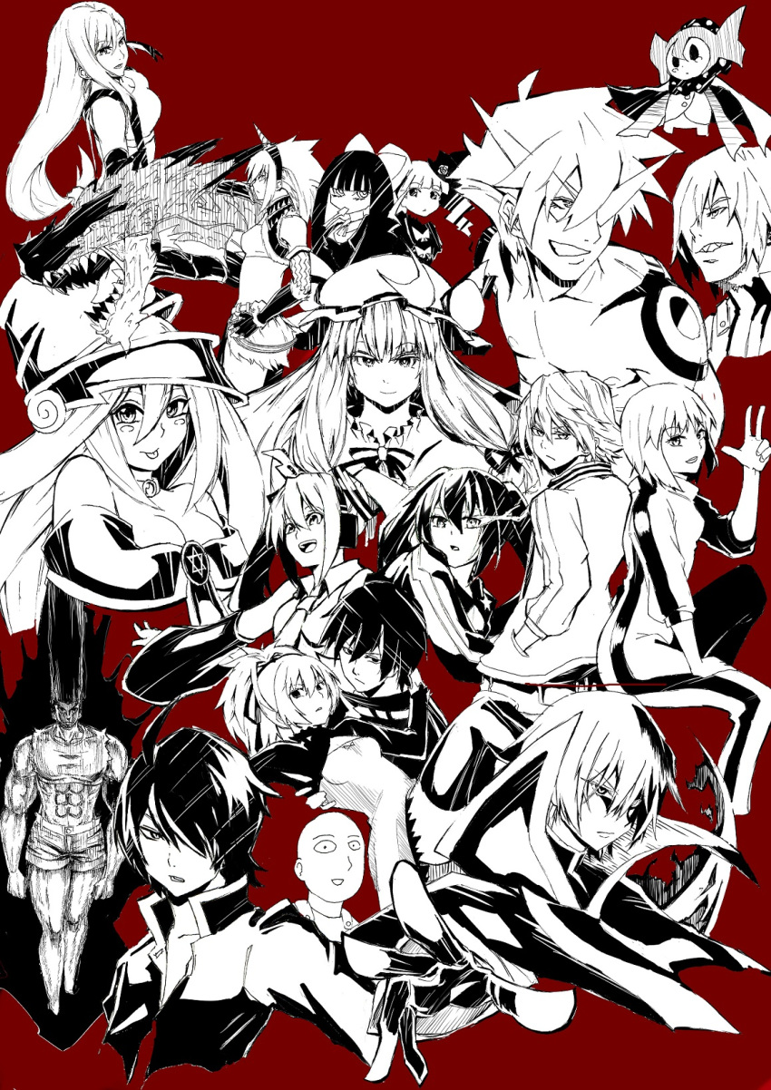 6+boys 6+girls araragi_koyomi bad_id bad_pixiv_id bakemonogatari black_rock_shooter black_rock_shooter_(character) character_request charlotte_(madoka_magica) code_geass crossover dark_magician_girl darker_than_black duel_monster epic_hair final_fantasy final_fantasy_vii gon-san gon_freecss hatsune_miku hei_(darker_than_black) highres huang_baoling hunter_x_hunter ivan_karelin kamina_(ttgl) kirin_(armor) kusida-e lelouch_vi_britannia long_hair mahou_shoujo_madoka_magica mahou_shoujo_madoka_magica_(anime) monochrome monogatari_(series) monster_hunter_(character) monster_hunter_(series) multiple_boys multiple_crossover multiple_girls one-punch_man panty_&_stocking_with_garterbelt panty_(psg) patchouli_knowledge saitama_(one-punch_man) siblings sisters stocking_(psg) tengen_toppa_gurren_lagann tifa_lockhart tiger_&_bunny touhou viral_(ttgl) vocaloid yin_(darker_than_black) yu-gi-oh!