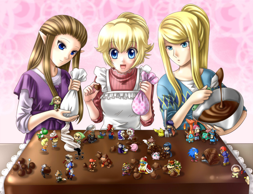 3girls alternate_costume apron blonde_hair blue_eyes blue_pikmin bowser brown_hair cake captain_falcon casual charizard chocolate commentary_request diddy_kong donkey_kong donkey_kong_(series) donkey_kong_country f-zero family_computer_robot fire_emblem food fox_mccloud game_&_watch ganondorf heart-shaped_food highres ice_climber icing ike_(fire_emblem) in_food inugami-ke_no_ichizoku_pose ivysaur jigglypuff kid_icarus king_dedede kirby kirby_(series) link long_hair lucario lucas_(mother_3) luigi mario mario_(series) marth_(fire_emblem) meta_knight metal_gear_(series) metal_gear_solid metroid mini_person miniboy minigirl mixing_bowl mother_(game) mother_2 mother_3 mr._game_&_watch multiple_girls nana_(ice_climber) ness_(mother_2) olimar pastry_bag pikachu pikmin_(creature) pikmin_(series) pink_background pit_(kid_icarus) pointy_ears pokemon pokemon_(creature) pokemon_frlg popo_(ice_climber) princess_peach princess_zelda red_(pokemon) red_pikmin samus_aran sleeves_pushed_up sleeves_rolled_up solid_snake sonic_(series) sonic_the_hedgehog spoon squirtle star_fox super_smash_bros. the_legend_of_zelda the_legend_of_zelda:_twilight_princess toon_link valentine wario warioware wolf_o'donnell yellow_pikmin yoshi yuino_(fancy_party)