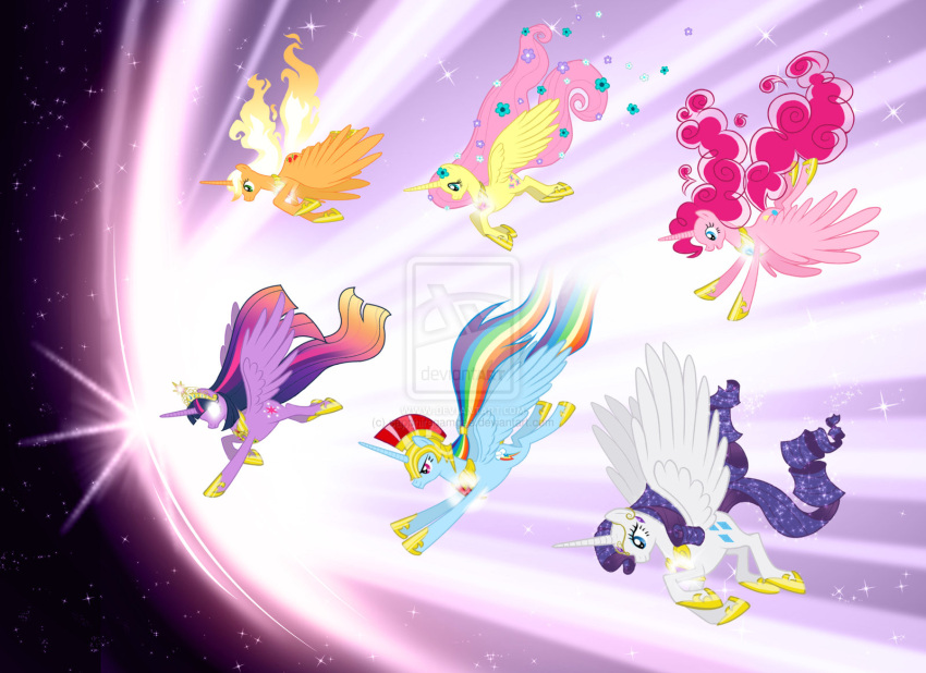 applejack_(mlp) blonde_hair blue_eyes blue_hair feather_wings female fire_hair fluttershy_(mlp) glow glowing_eyes green_eyes green_hair long_hair multi_colored_hair my_little_pony my_little_pony_friendshp_is_magic orange_hair pegasus pink_eyes pink_hair pinkie_pie_(mlp) pony purple_hair rainbow_dash_(mlp) rarity_(mlp) red_hair sparkling_hair unicorn wings