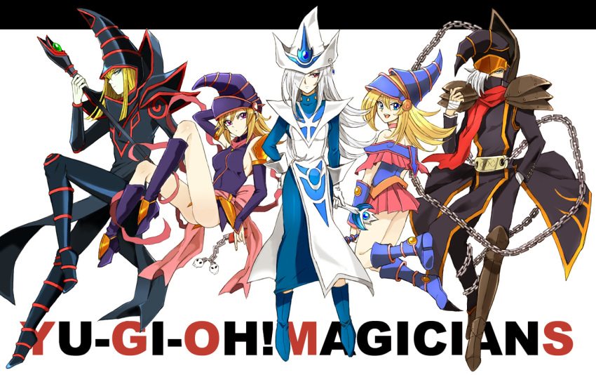 2boys 3girls bare_shoulders blonde_hair blue_footwear boots chains commentary_request dark_magician dark_magician_girl duel_monster gagaga_girl gagaga_magician hair_between_eyes hand_in_pocket hat long_hair multiple_boys multiple_girls natsuki_(sktbdisk) open_mouth shoulder_pads silent_magician staff wand white_hair wizard wizard_hat yu-gi-oh! yu-gi-oh!_zexal