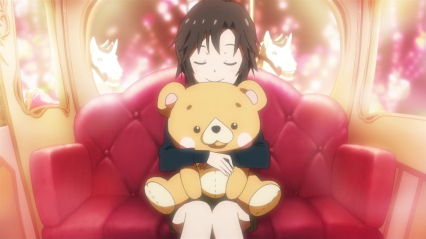 black_hair female kikuchi_makoto screenshot short_hair smile stuffed_bear stuffed_toy the_idolmaster tomboy