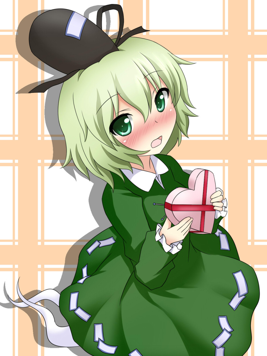 blush box commentary_request dress female ghost_tail green_dress green_eyes green_hair hat heart heart-shaped_box highres long_sleeves multiple_tails open_mouth short_hair soga_no_tojiko solo tail tate_eboshi touhou valentine yuyumi_(yuurei)