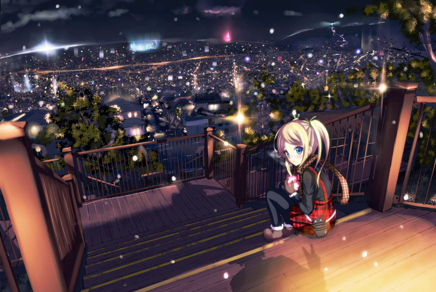 black_pantyhose blonde_hair blue_eyes blush boots breath city cityscape commentary female from_above from_behind heart highres lamppost long_sleeves looking_back morerin night night_sky original outdoors overalls pantyhose photoshop_(medium) plaid scarf scenery shadow sitting sitting_on_stairs sky solo stairs tree twintails v valentine