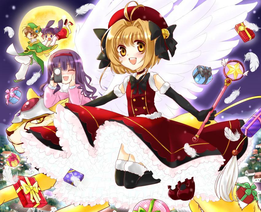 1boy 3girls black_gloves brown_eyes brown_hair camera cardcaptor_sakura commentary_request daidouji_tomoyo dress elbow_gloves gift gloves hat highres hoshi_no_tsue kerberos kinomoto_sakura li_meiling li_syaoran magical_girl moon multiple_girls nekoko_(mono96) red_hat short_hair thighhighs wand wings