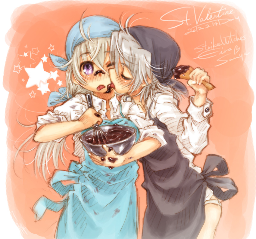 2girls apron blue_eyes blush bowl character_name chocolate chocolate_making closed_eyes commentary_request copyright_name couple dated eila_ilmatar_juutilainen grey_hair head_scarf licking licking_another's_cheek licking_another's_face long_hair messy mixing_bowl multiple_girls one_eye_closed ryou_(shirotsumesou) sanya_v._litvyak short_hair sleeves_rolled_up spatula star_(symbol) strike_witches tongue valentine whisk world_witches_series yuri