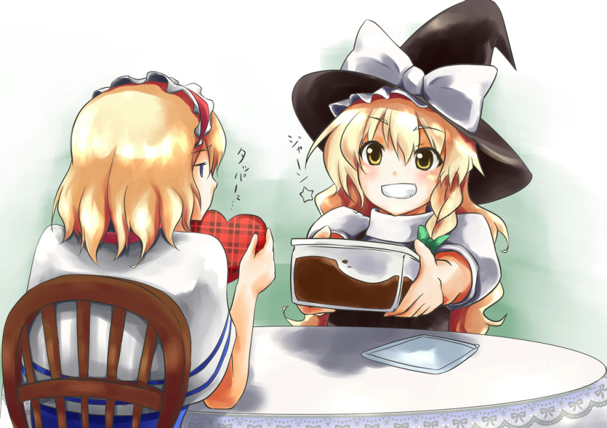 2girls alice_margatroid black_dress blonde_hair blue_dress blue_eyes box braid capelet chair chocolate commentary_request danna_max dress grin hair_ribbon hairband hat hat_ribbon heart jitome kirisame_marisa long_hair multiple_girls ribbon shirt short_hair sitting smile table touhou translated valentine witch_hat yellow_eyes