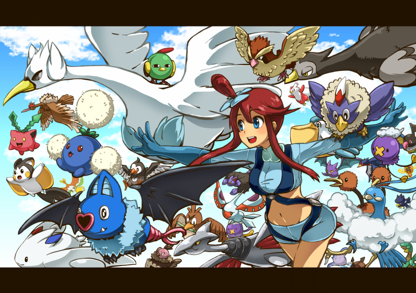 altaria beak bird blue_eyes blue_feathers chatot commentary_request crobat crop_top day delibird doduo drifblim emolga farfetch'd fearow feathers female fluffy flying gliscor ho-oh hogi hoothoot hoppip jumpluff letterboxed mantine masquerain midriff murkrow natu navel pidgey pokemon pokemon_(creature) pokemon_bw red_hair rotom rotom_(fan) rufflet skarmory sky skyla_(pokemon) staravia swanna swellow swoobat togekiss tropius unfezant unfezant_(female) vullaby white_feathers