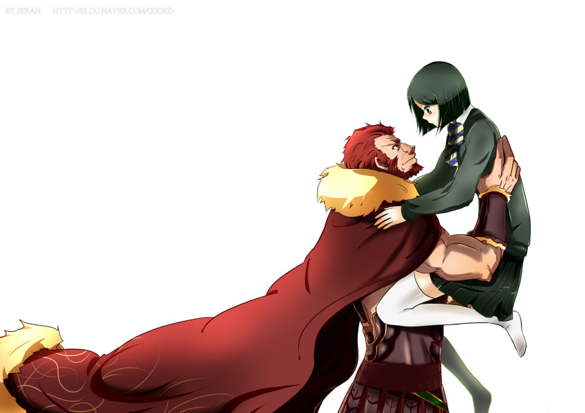 1boy armor bad_id bad_pixiv_id beard blush bob_cut bow cape facial_hair fate/zero fate_(series) female genderswap_(mtf) green_eyes green_hair highres iskandar_(fate) jeran_(ggokd) lifting_person photoshop_(medium) pleated_skirt red_eyes red_hair rule_63 short_hair simple_background skirt thighhighs watermark waver_velvet web_address white_background white_legwear