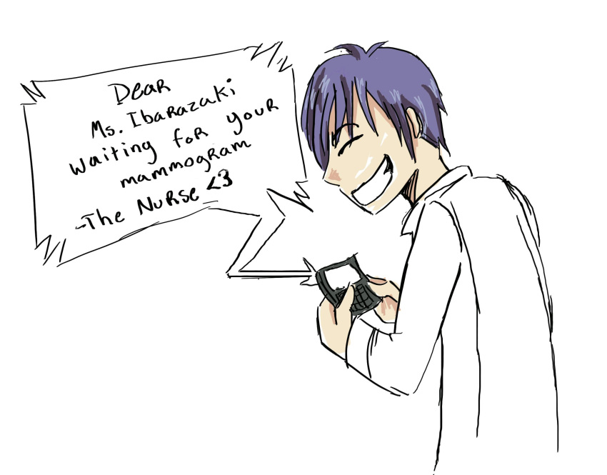 blue_hair cellphone drawfag grin highres katawa_shoujo male_focus nurse nurse_(katawa_shoujo) phone smile solo texting white_background