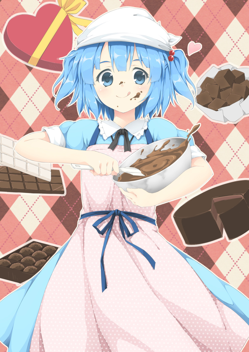 :q apron argyle_background blue_dress blue_eyes blue_hair bow bowl box box_of_chocolates cake candy chocolate chocolate_bar chocolate_cake chocolate_making chocolate_on_face commentary_request dress female food food_on_face hair_bobbles hair_ornament head_scarf heart heart-shaped_box highres kawashiro_nitori mixing_bowl photoshop_(medium) polka_dot polka_dot_apron puffy_short_sleeves puffy_sleeves short_sleeves short_twintails sleeves_rolled_up solo spatula takoyaki_(takoyaki-batake) tongue tongue_out touhou twintails two_side_up