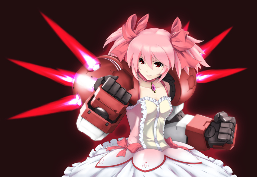 aura bow brown_background bubble_skirt choker clenched_hands collarbone commentary_request dress female fighting_stance fusion gundam gundam_age gundam_age-1 gundam_age-1_titus hairbow kaname_madoka kaname_madoka_(magical_girl) magical_girl mahou_shoujo_madoka_magica mahou_shoujo_madoka_magica_(anime) mecha_musume mechanical_arms nagi-kaze pink_hair red_eyes short_twintails simple_background skirt solo twintails