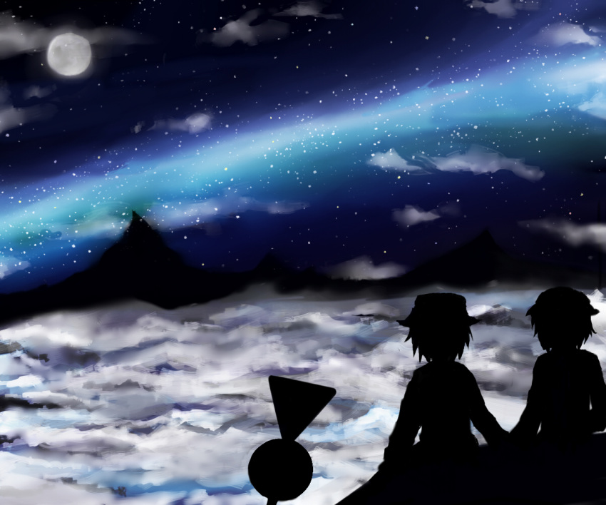 2girls cloud commentary_request from_behind full_moon hat holding_hands maribel_hearn milky_way moon mountain multiple_girls night scenery sign silhouette sitting sky star_(sky) starry_sky touhou usami_renko yunomiya