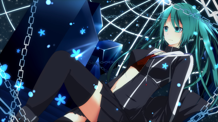 aqua_eyes aqua_hair bloodcatblack chains hatsune_miku thighhighs twintails vocaloid