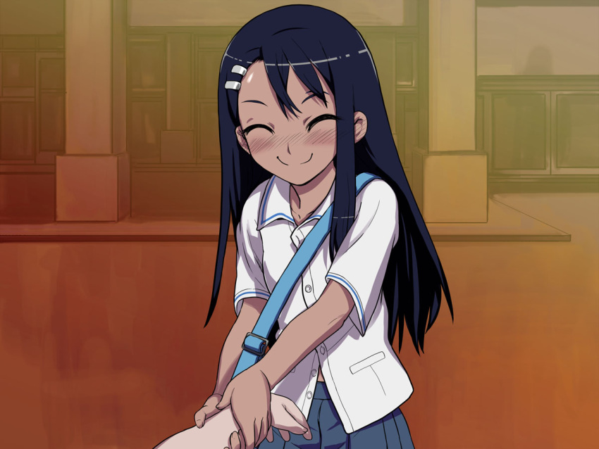 774_(nanashi) ^_^ bag blue_hair blush brown_eyes closed_eyes commentary_request dark-skinned_female dark_skin evening female hachiouji_naoto hair_ornament hairclip happy ijiranaide_nagatoro-san long_hair looking_at_viewer nagatoro_hayase out_of_frame photoshop_(medium) pov pov_hands school_uniform shirt skirt smile