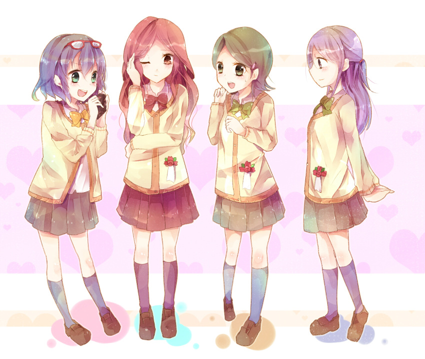 4girls :d arms_behind_back bad_id bad_pixiv_id blue_eyes blue_hair bow bowtie brown_eyes brown_hair camera cardigan eyewear_on_head glasses green_eyes green_hair hand_on_own_head holding inazuma_eleven inazuma_eleven_(series) inazuma_eleven_go kino_aki kudou_fuyuka long_hair multiple_girls one_eye_closed open_mouth otonashi_haruna purple_hair raimon_natsumi school_uniform shain_roki simple_background skirt smile standing sweatdrop white_background