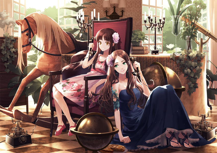 2girls antique_phone bad_id bad_pixiv_id blue_dress book book_stack brown_eyes brown_hair candle candlestand chair checkered_floor corded_phone drawer dress flower food globe green_eyes grin hair_flower hair_ornament high_heels holding indoors lamp leaf long_hair looking_at_another multiple_girls nail_polish original parted_lips phone pie rocking_horse rotary_phone shoes sitting smile talking_on_phone telescope toichi_(ik07) vase window