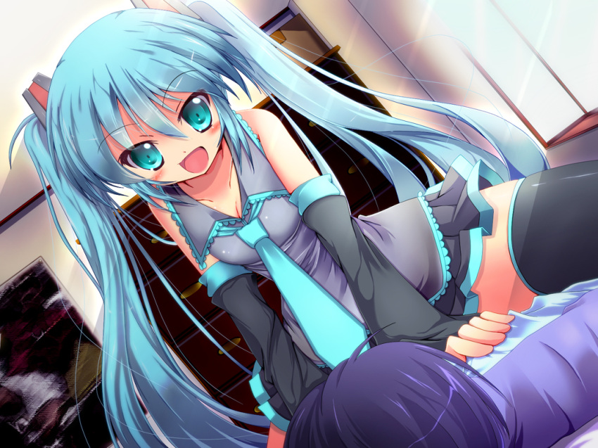 :d aqua_eyes aqua_hair bed blush commentary_request detached_sleeves dutch_angle female hatsune_miku long_hair master_(vocaloid) necktie open_mouth photoshop_(medium) rankiryuu sitting sitting_on_person skirt smile solo_focus straddling thighhighs twintails very_long_hair vocaloid window