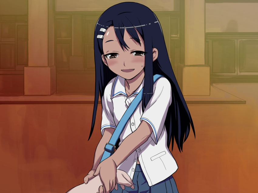 774_(nanashi) bag blue_hair blush brown_eyes commentary_request dark-skinned_female dark_skin evening female hachiouji_naoto hair_ornament hairclip ijiranaide_nagatoro-san long_hair looking_at_viewer nagatoro_hayase out_of_frame photoshop_(medium) pov pov_hands school_uniform shirt skirt