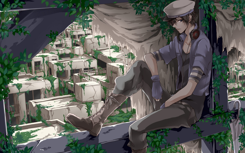 1boy ama_no_jaku_(vocaloid) belt black_hair blue_gloves boots commentary_request cross-laced_footwear fingerless_gloves gamu gloves hat headphones headphones_around_neck highres indie_utaite looking_at_viewer male_focus open_clothes open_shirt parody plant shirt sitting soraru umbrella utaite vines vocaloid