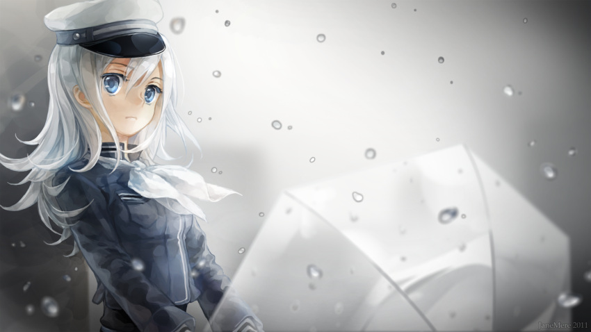 ama_no_jaku_(vocaloid) blue_eyes commentary_request female hat highres jack_amano jane_mere long_hair peaked_cap solo transparent transparent_umbrella umbrella vocaloid water_drop white_hair