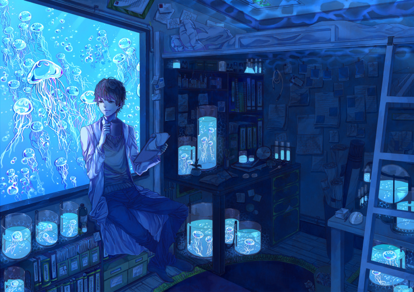 1boy bad_id bad_pixiv_id bed blue_theme book bottle box bubble clipboard clock crossed_legs cup desk highres indoors jar jellyfish ladder male_focus mug original paper pen pencil petri_dish pillow plant room rug scientist scissors sitting smoking_pipe sorax2112 test_tube trash_can