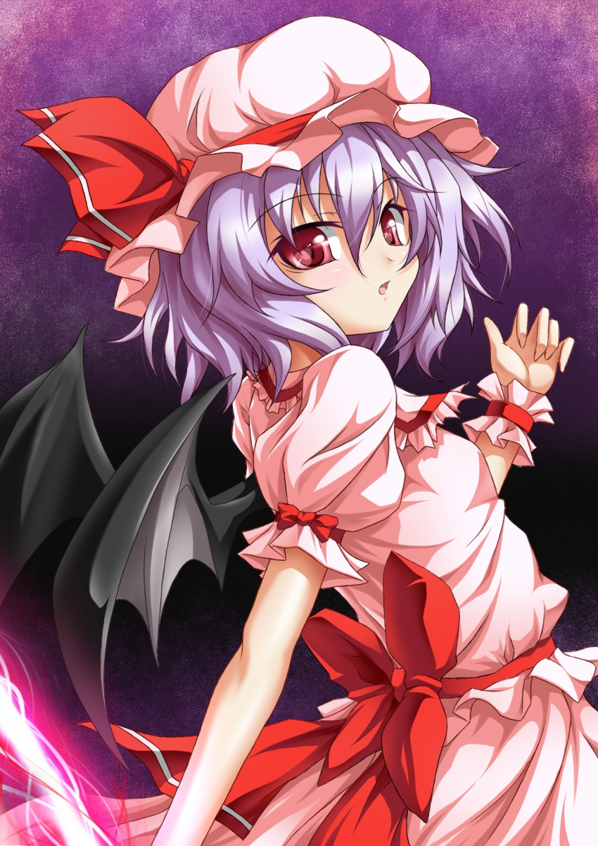 arm_up bat_wings bow commentary_request female hat hat_ribbon highres open_mouth pink_eyes purple_hair remilia_scarlet ribbon roura sash shirt short_hair skirt skirt_set solo spear_the_gungnir touhou wings wrist_cuffs