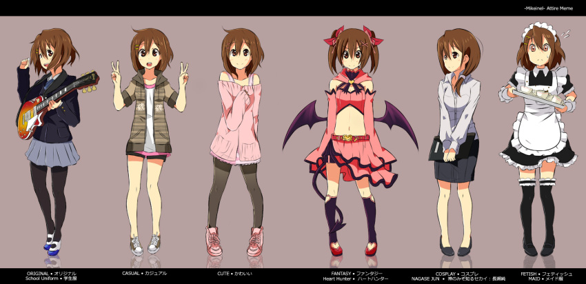 alternate_costume alternate_hair_length alternate_hairstyle bat_wings brown_eyes brown_hair casual commentary_request cosplay dress female heart_hunter_(module) highres hirasawa_yui k-on! kami_nomi_zo_shiru_sekai maid myuto_(advent_retribution) nagase_jun nagase_jun_(cosplay) pantyhose project_diva project_diva_(series) sakuragaoka_high_school_uniform school_uniform short_hair sleeves_rolled_up thighhighs toyosaki_aki twintails v vocaloid voice_actor_connection wings