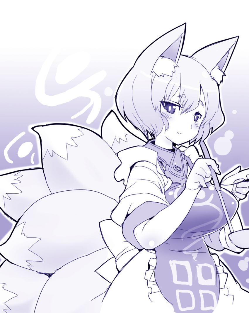 animal_ears blush breasts commentary_request eyebrows female fox_ears fox_tail highres kitsune_choukan ladle large_breasts looking_at_viewer monochrome multiple_tails no_headwear painttool_sai_(medium) short_hair sleeves_rolled_up smile solo tail touhou yakumo_ran