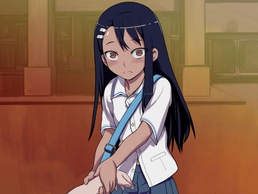 774_(nanashi) bag blue_hair blush brown_eyes commentary_request dark-skinned_female dark_skin duplicate evening female hachiouji_naoto hair_ornament hairclip ijiranaide_nagatoro-san long_hair looking_at_viewer nagatoro_hayase out_of_frame photoshop_(medium) pixel-perfect_duplicate pov pov_hands school_uniform shirt skirt