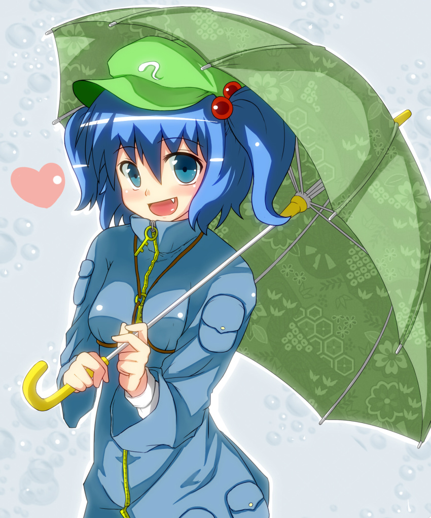 bad_id bad_pixiv_id blue_eyes blue_hair breasts colorized female hat highres kawashiro_nitori looking_at_viewer meicha oerba_yun_fang open_mouth small_breasts smile solo touhou two_side_up umbrella