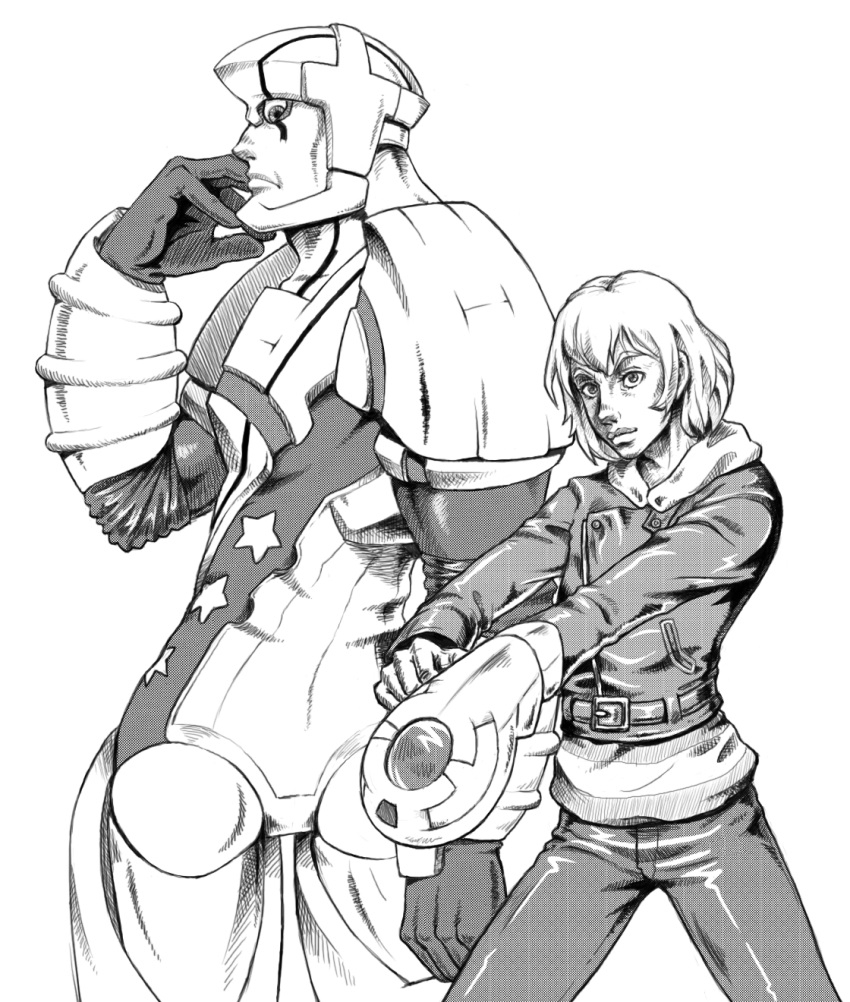 1boy greyscale heroman heroman_(robot) highres hood hoodie joey_jones jojo_no_kimyou_na_bouken male_focus monochrome name_connection parody photoshop_(medium) pimmy stand_(jojo) style_parody