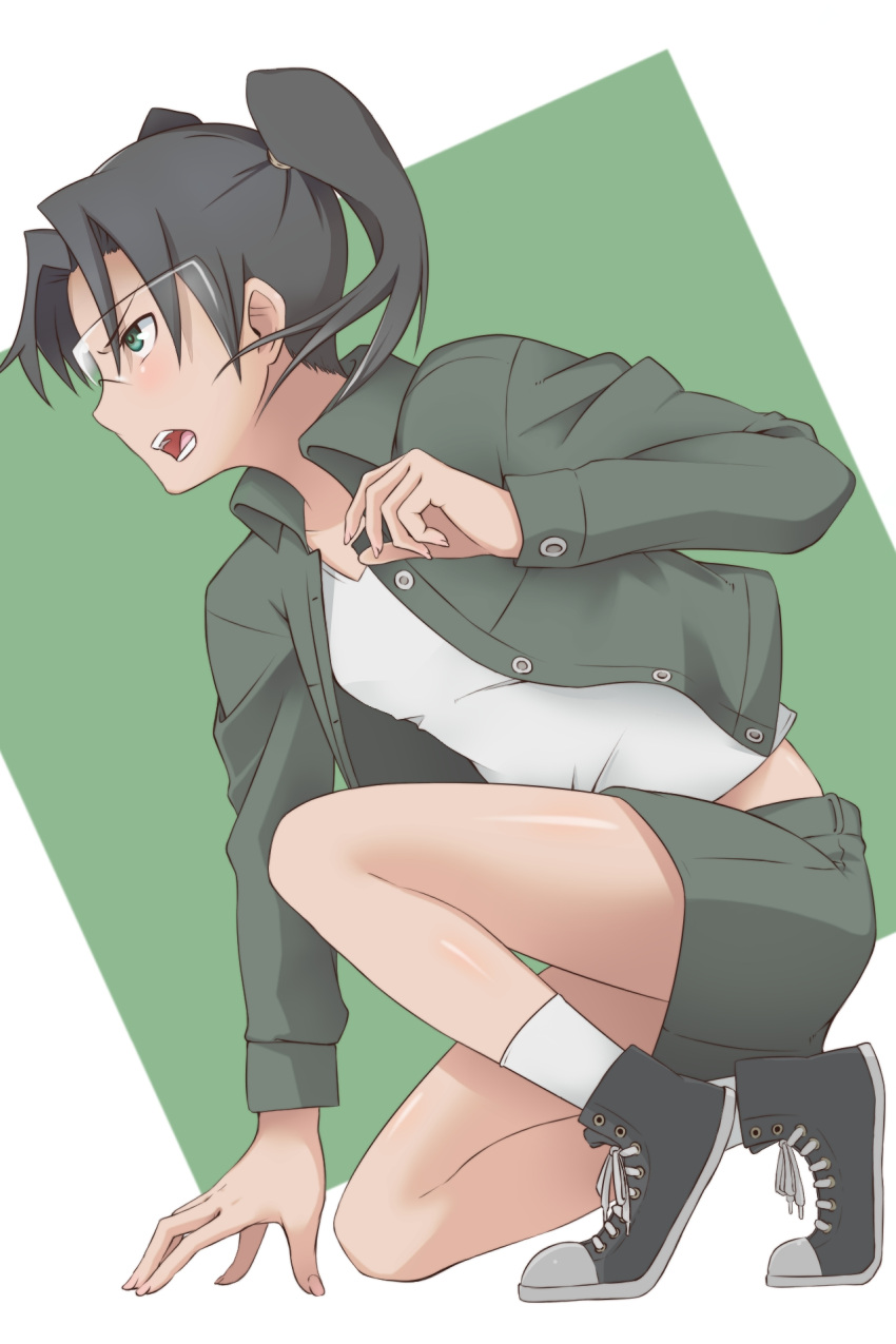 amasawa_yuuko black_hair commentary_request dennou_coil female from_side goggles green_eyes highres on_one_knee open_mouth profile shoes socks solo twintails yokke