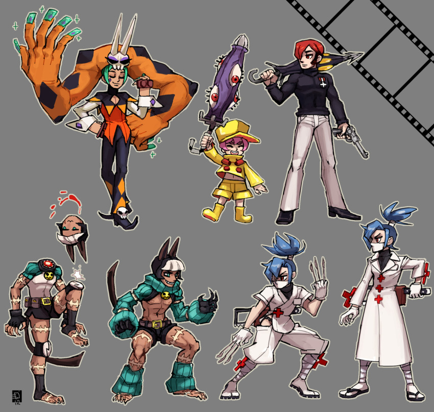 +_+ 6+boys :3 age_difference alternate_costume animal_ears bandage belt blue_hair boots brothers cat_ears cat_tail cerebella_(skullgirls) closed_eyes coat cross dark_skin doctor emlan eyepatch fingerless_gloves gloves green_eyes green_hair grey_hair grin gun hair_over_one_eye hat headless highres hungern_(skullgirls) inverted_cross lolicon long_hair male mask midriff multiple_boys nadia_fortune navel ninja open_clothes open_mouth open_shirt parasoul_(skullgirls) pink_hair ponytail red_eyes red_hair rule_63 saw scalpel scar short_hair shorts siblings simple_background size_difference skull skullgirls sleeves_past_wrist sleeves_past_wrists smile surgical_mask symbol-shaped_pupils syringe tail umbrella umbrella_(skullgirls) valentine_(skullgirls) vice-versa_(skullgirls) weapon