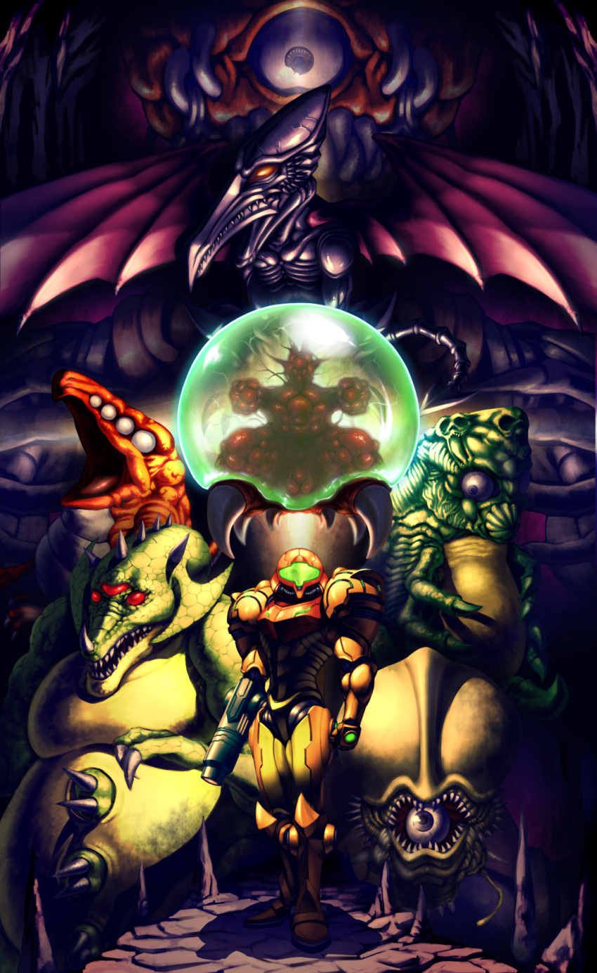 arm_cannon armor assault_visor bad_id bad_pixiv_id brain cave claws crocomire cyclops draygon extra_arms extra_eyes facing_viewer female green_visor highres horns idon_(magna13) kraid metroid metroid_(creature) monster mother_brain one-eyed phantoon power_armor ridley samus_aran science_fiction sharp_teeth spikes stalactite stalagmite standing super_metroid tail teeth tentacle varia_suit weapon wings