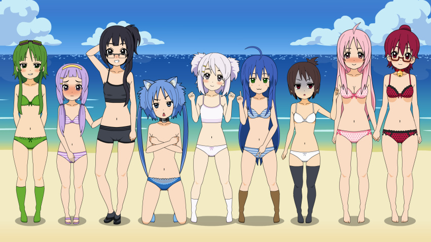 6+girls 9girls :3 a_channel ahoge animal_ears beach black_eyes black_hair blue_eyes blue_hair blush bra brown_hair cat_ears collar flat_chest glasses green_eyes green_hair izumi_konata long_hair lucky_star multiple_girls open_mouth panties pink_eyes pink_hair purple_eyes purple_hair red_eyes red_hair short_hair smile socks tooru_(a_channel) underwear white_eyes white_hair