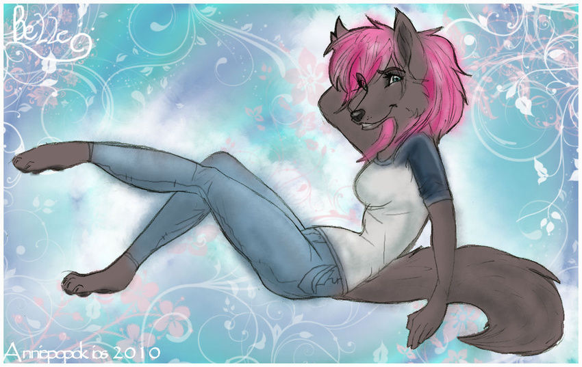 2010 anniepopokios anthro blue_eyes bottomwear brown_body brown_fur canid canine canis clothing denim denim_bottomwear denim_clothing female fur grey_body grey_fur grin hair isabella_price jeans mammal mythological_canine mythological_creature mythology pants pink_hair shirt sitting smile solo topwear were werecanid werecanine werewolf wolf