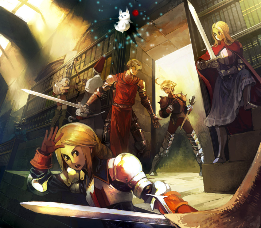 3boys 3girls agrias_oaks ahoge archer_(fft) armor arrow_(projectile) bad_id bad_pixiv_id battle black_mage_(fft) black_mage_(final_fantasy) blonde_hair blue_eyes book boots bow_(weapon) braid final_fantasy final_fantasy_tactics gauntlets gloves gun handgun hat knight_(fft) library long_hair moogle multiple_boys multiple_girls mustadio_bunansa ramza_beoulve single_braid staff stairs tabard tanokura_mon thigh_boots thighhighs time_mage time_mage_(fft) weapon wiegraf_folles witch_hat