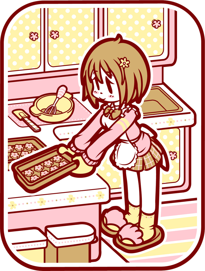 apron baking_sheet blush bow brown_hair commentary_request cookie female flat_color flower food hair_flower hair_ornament highres idolmaster idolmaster_cinderella_girls indoors limited_palette mandi mimura_kanako mittens mixing_bowl plaid plaid_skirt pleated_skirt short_hair skirt slippers smile socks solo spatula whisk