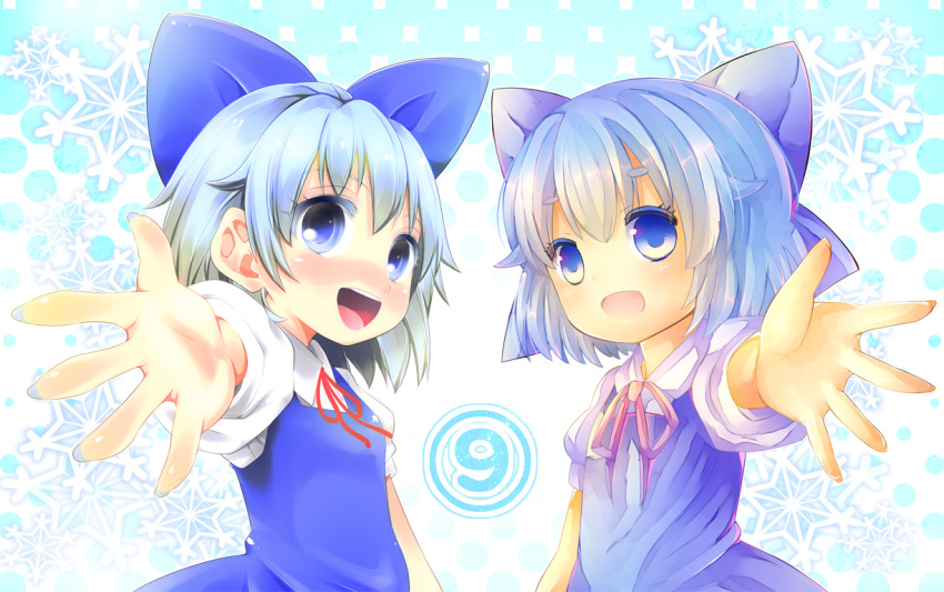 2girls bad_id bad_pixiv_id blue_eyes blue_hair blush bow circled_9 cirno coa_(chroo_x) collaboration dual_persona hairbow multiple_girls nail_polish open_mouth outstretched_hand photoshop_(medium) short_hair snowflakes touhou upper_body uta_(kuroneko)