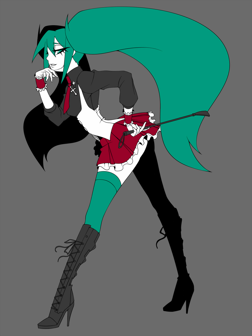 bad_id bad_pixiv_id boots female full_body green_eyes green_hair hatsune_miku high_heels highres knee_boots long_hair necktie ranchuu_(akamusume) riding_crop shoes simple_background skirt solo thighhighs twintails very_long_hair vocaloid wristband