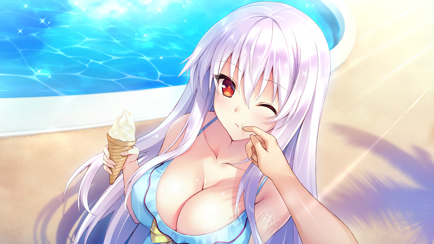 bikini blush breasts bug_system cleavage farah_perellies game_cg haze_man_-_the_local_hero_- ice_cream kyou_(kurifuto) long_hair red_eyes swimsuit water white_hair wink