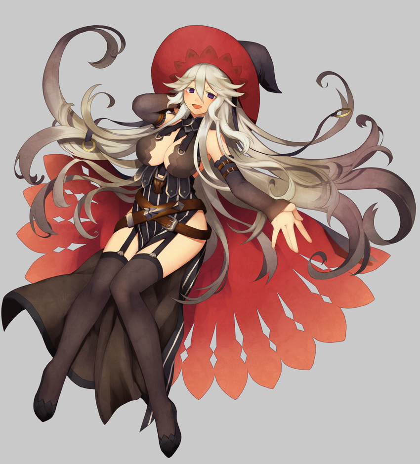 absurdres bare_shoulders black_thighhighs blush breasts cleavage commentary_request detached_sleeves female garter_straps granblue_fantasy hair_between_eyes hat highres ju-zika large_breasts long_hair looking_at_viewer magisa_(granblue_fantasy) purple_eyes smile solo thighhighs white_hair witch_hat