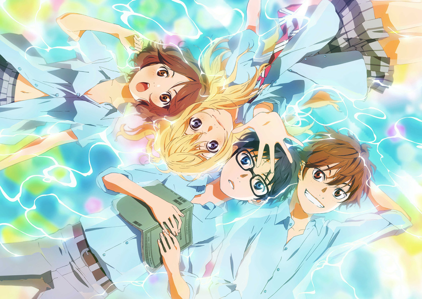 arima_kousei black_hair blonde_hair blue_eyes blush book brown_eyes brown_hair glasses male miyazono_kawori sawabe_tsubaki seifuku shigatsu_wa_kimi_no_uso skirt takano_aya tie watari_ryouta water