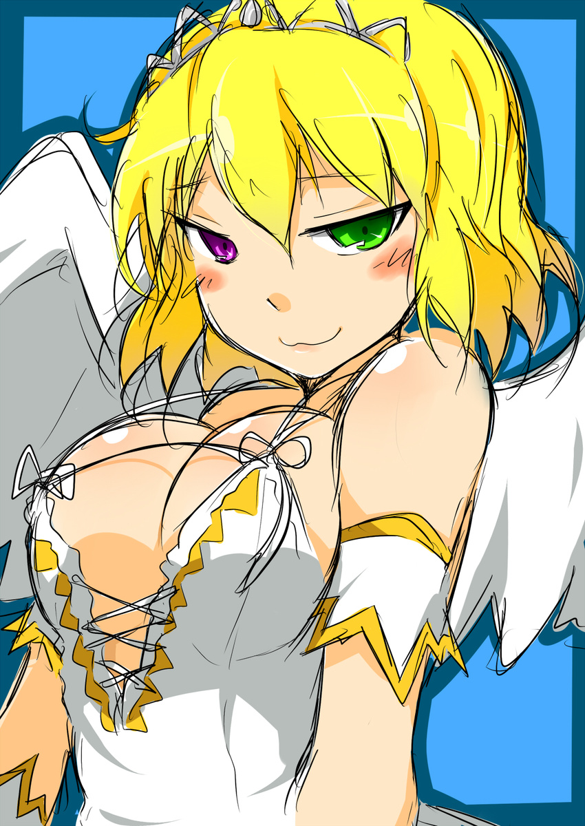 angel_wings bare_shoulders blonde_hair breasts cleavage female green_eyes heterochromia highres huge_breasts manabe0511 manabebebe purple_eyes ribbon ryona_(senran_kagura) ryouna_(senran_kagura) senran_kagura senran_kagura_(series) senran_kagura_shinovi_versus tiara wings