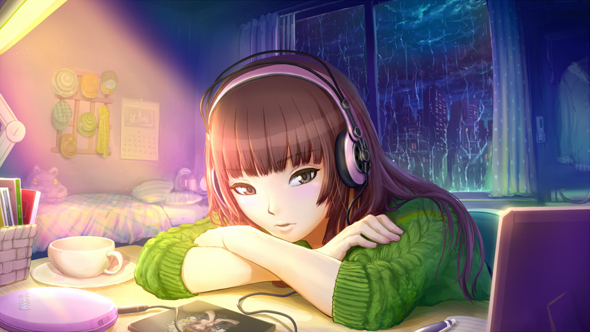 amagami brown_eyes brown_hair commentary_request crossed_arms cup female haitaka headphones indoors kamizaki_risa md5_mismatch rain real_life resolution_mismatch shiina_ringo solo source_smaller window