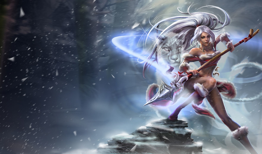 animal artist_request boots female league_of_legends loincloth long_hair midriff navel nidalee official_art photoshop_(medium) polearm ponytail snow snow_bunny_nidalee solo spear weapon white_hair